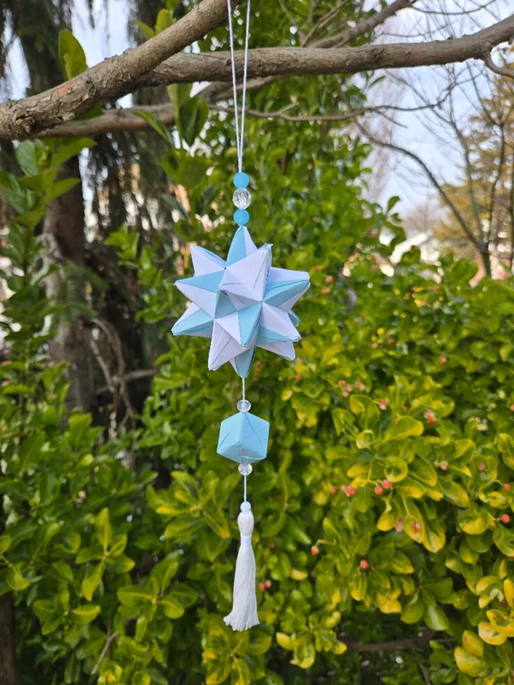 Handmade Kusudama Ornament | White & Blue Box Tassel